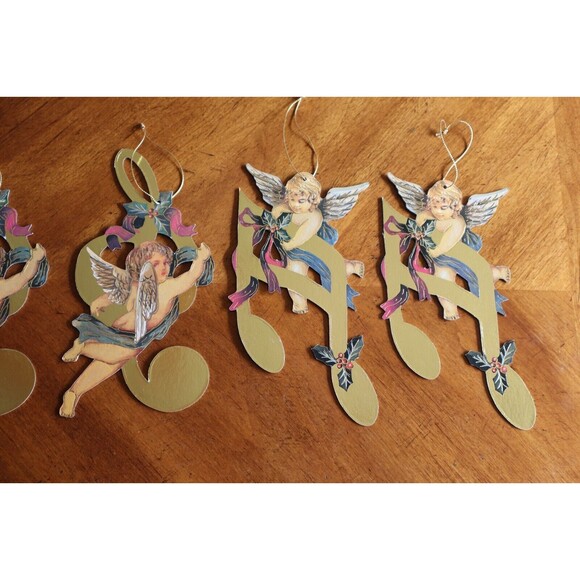 Lot 6x Victorian Die Cut Out Christmas Ornament Angel Cherub Musical Note Bows - Picture 9 of 12